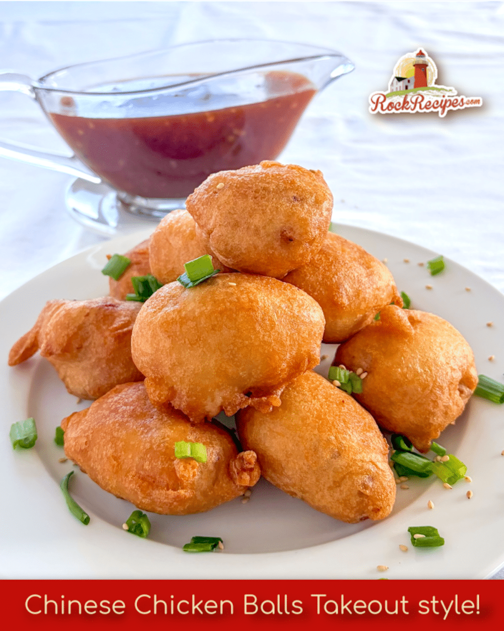 Chinese Chicken Balls photo with balls stacked on a plate with sweet and sour sauce in the background. with title text added for social media posts.