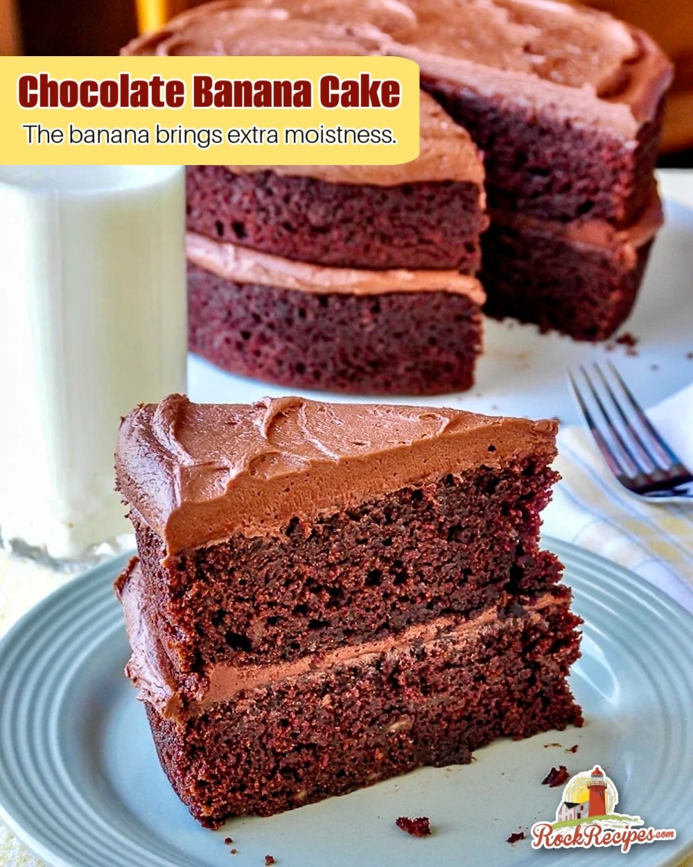 Chocolate Banana Cake photo with title text for social media posts.