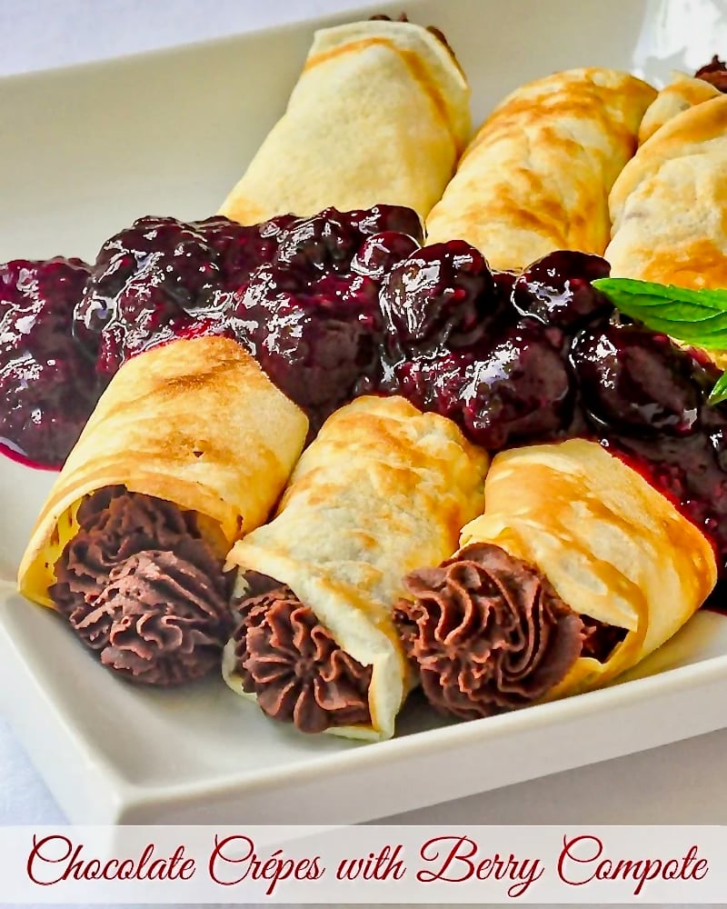 Chocolate Crepes with mixed berry compote photo with title text added for social media posts.