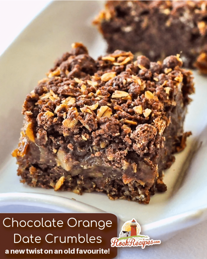 Chocolate Orange Date Crumbles close up photo with title text for Pinterest