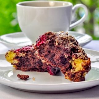 Chocolate Raspberry Cheesecake Scones broken in half to show inside