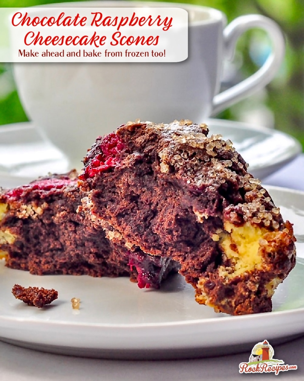 Chocolate Raspberry Cheesecake Scones image with title text for social media posts.