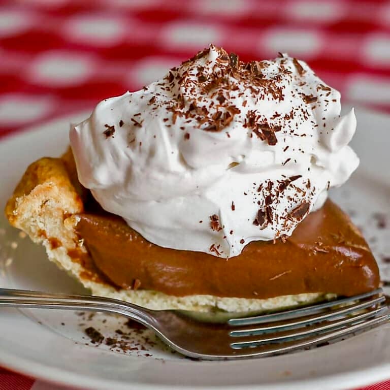 Chocolate Silk Pie cut slice on plate