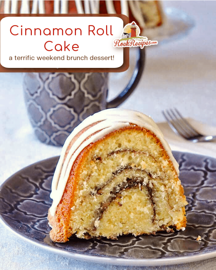 Cinnamon Roll Cake photo if one slice with title text added for social media posts.