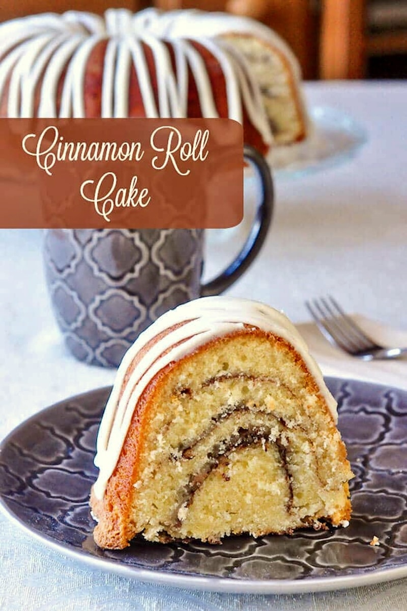 Cinnamon Roll Cake photo if one slice with title text added for Pinterest.