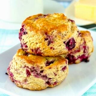 Cranberry Scones close up photo of 3 stacked scones for google featured image