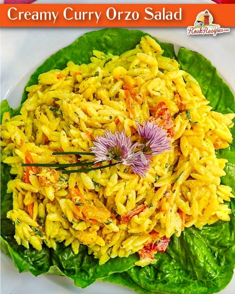 Creamy Curry Orzo Salad with title text added for social media posts