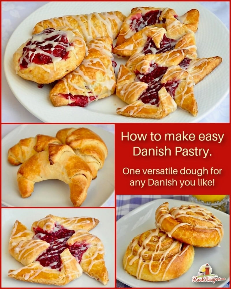 Photo Collage of Danish pastry with title text added for social media posts.