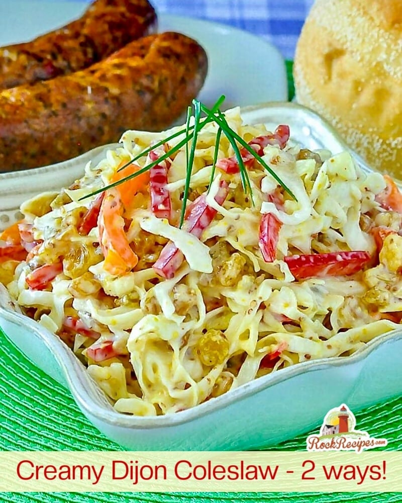 Dijon Coleslaw in serving bowl with title text added for social media posts.