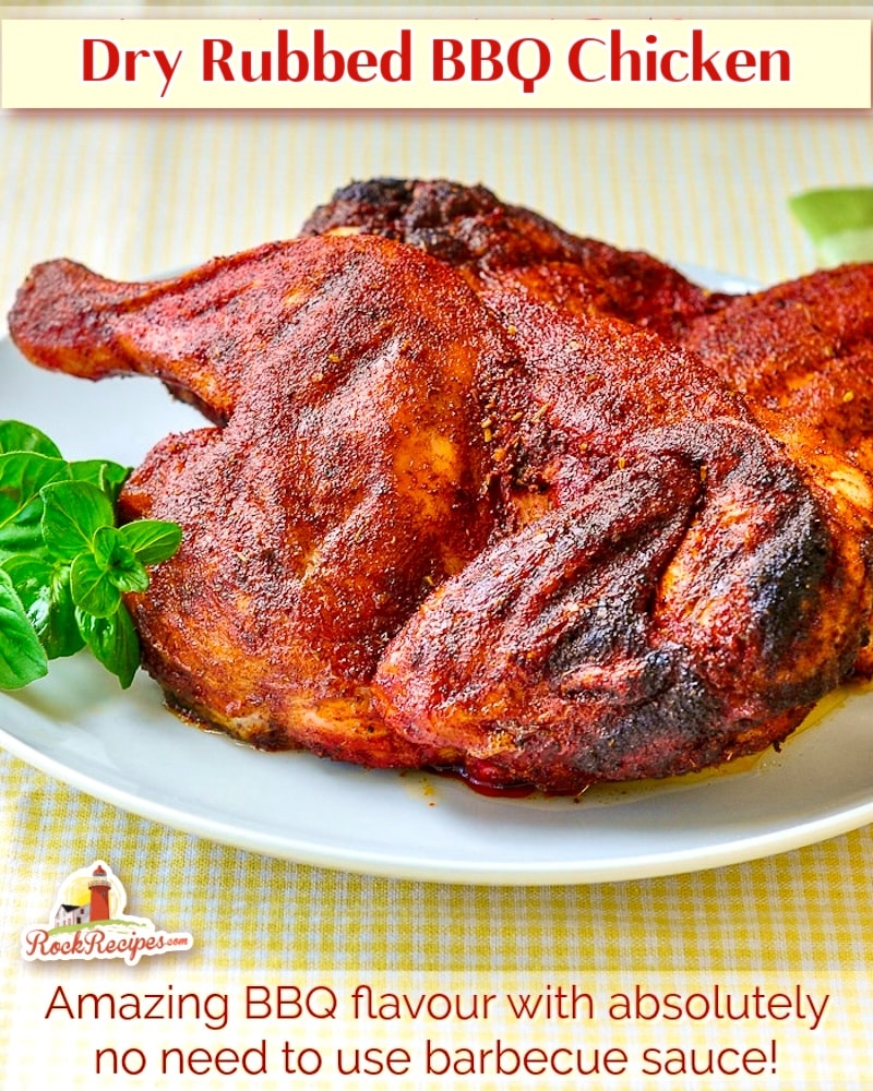 Dry Rubbed Barbecue Chicken photo with title text added for social media posts.