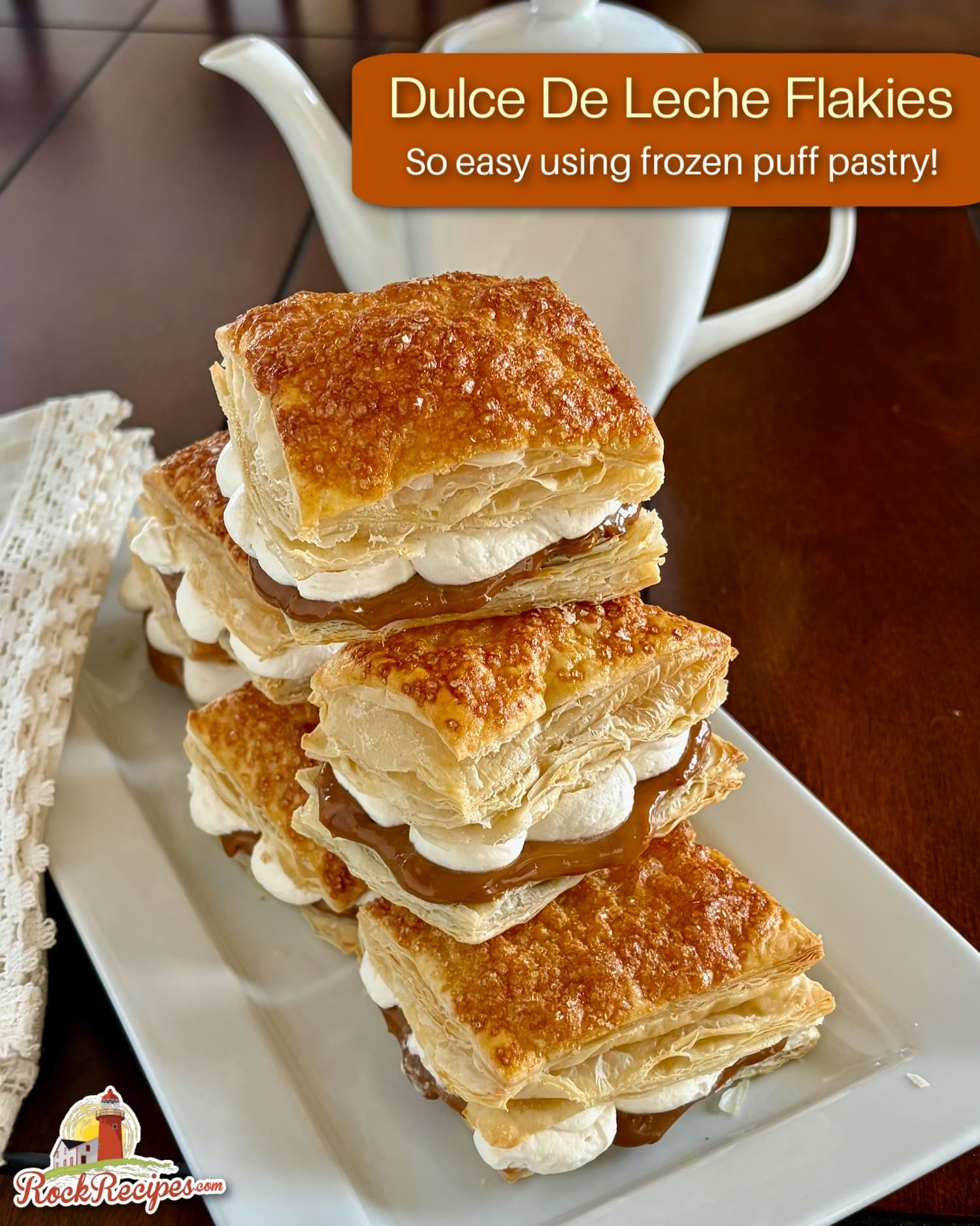 Dulce de Leche Flakies stacked on a white platter with title text added for social media posts.