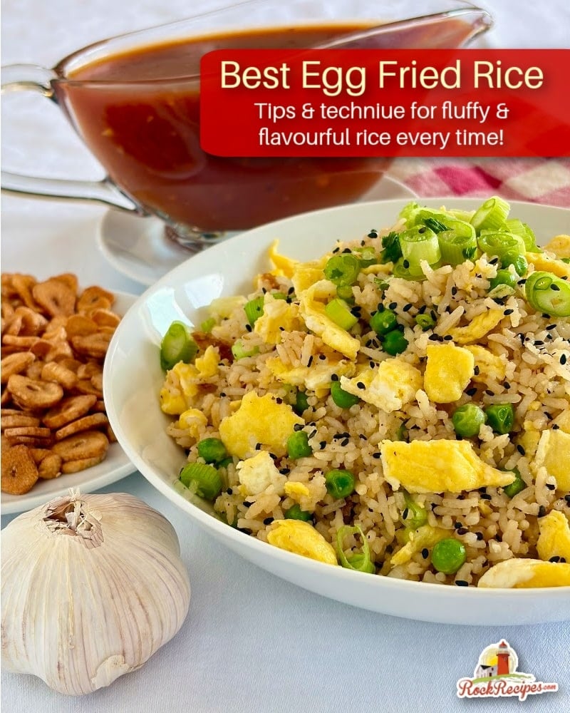 Egg Fried Rice close up of finished dish with title text added for social media posts