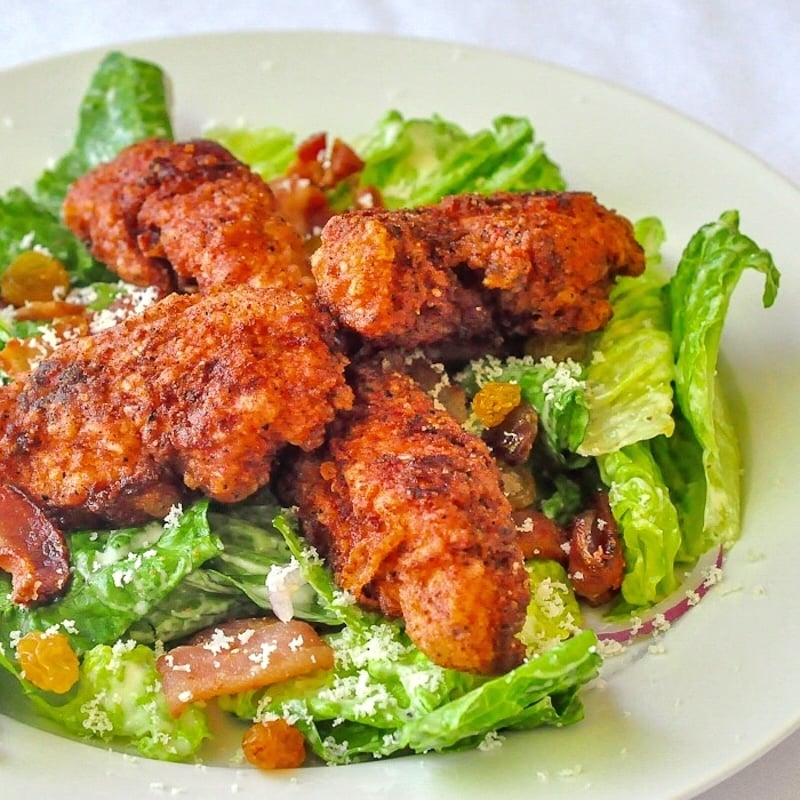 Fried Chicken Caesar Salad close up photo for featured image