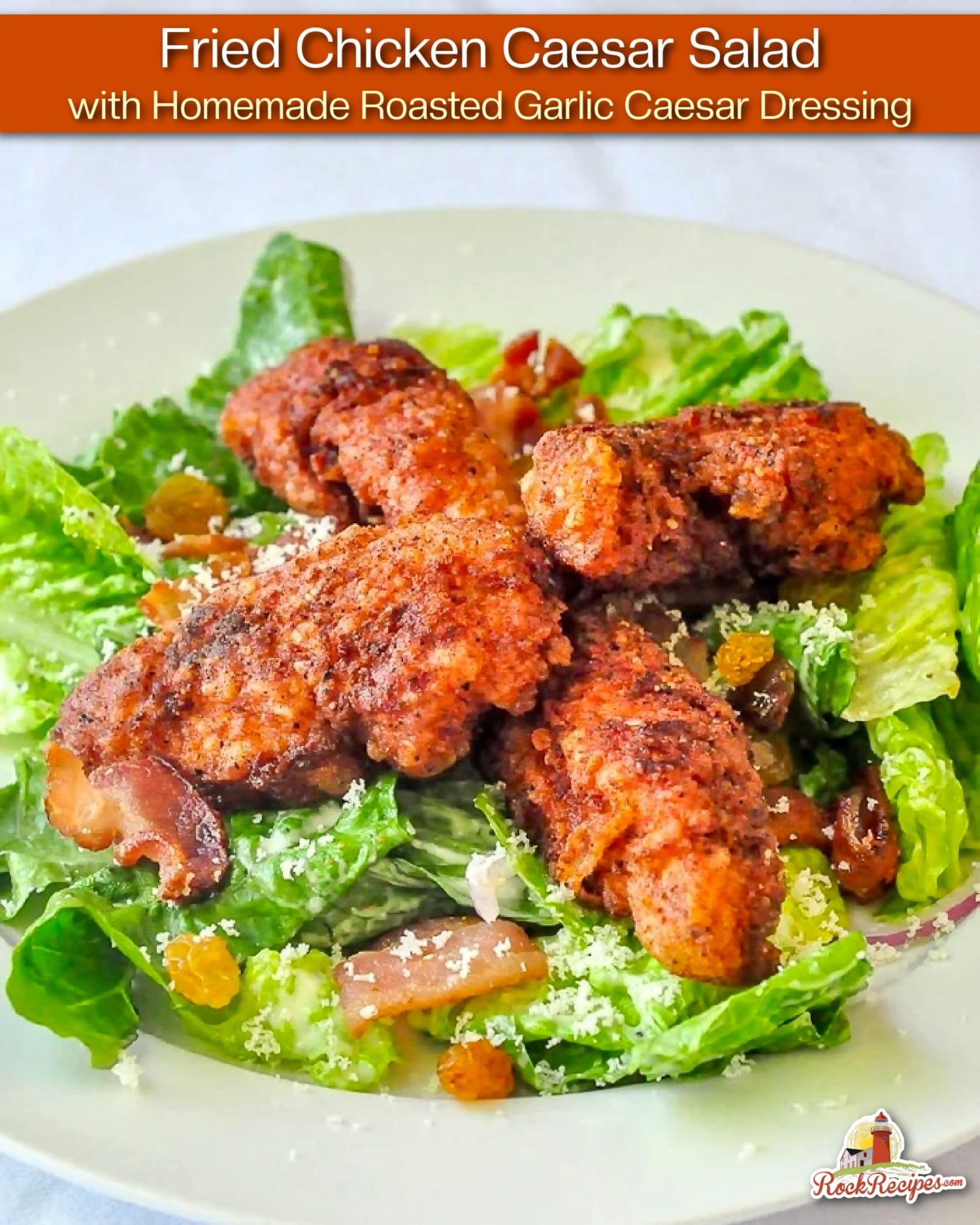 Fried Chicken Caesar Salad photo with title text added for social media posts.