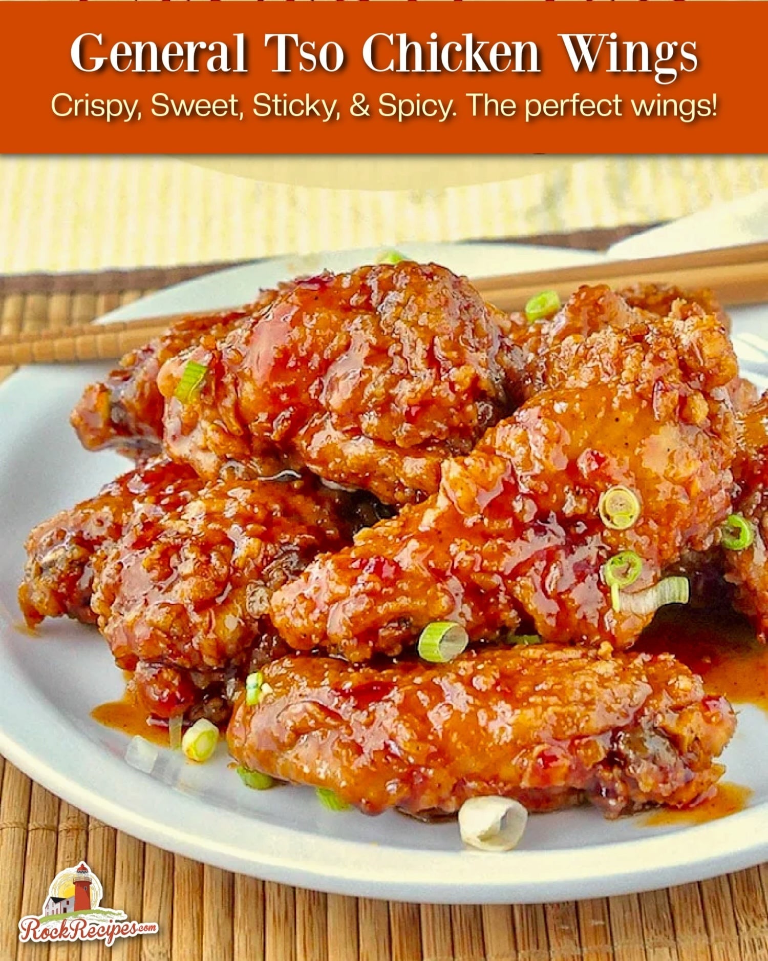 General Tso Chicken Wings photo with title text for social media posts.