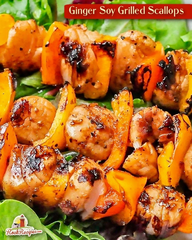 Ginger Soy Grilled Scallops photo with title text for social media posts.