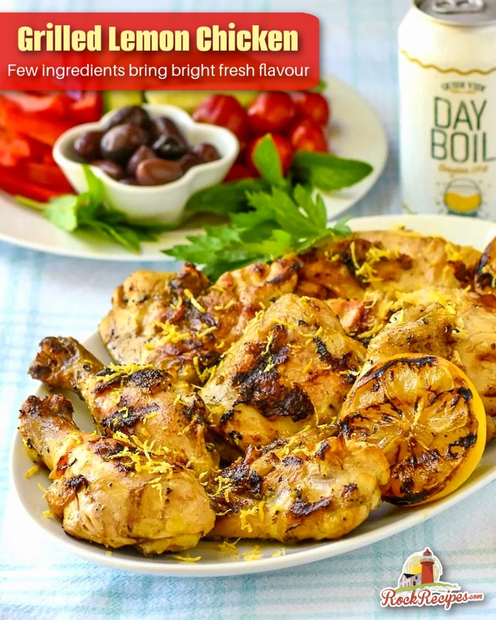 Grilled Lemon Chicken photo with title text added for social media posts.