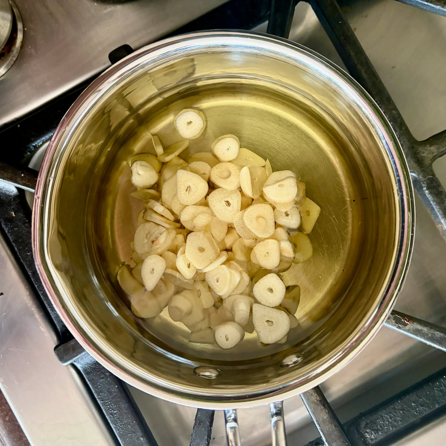 photo of garlic just added to cold oil in a small saucepan