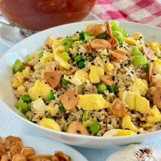 Egg Fried Rice garnished with crispy garlic,