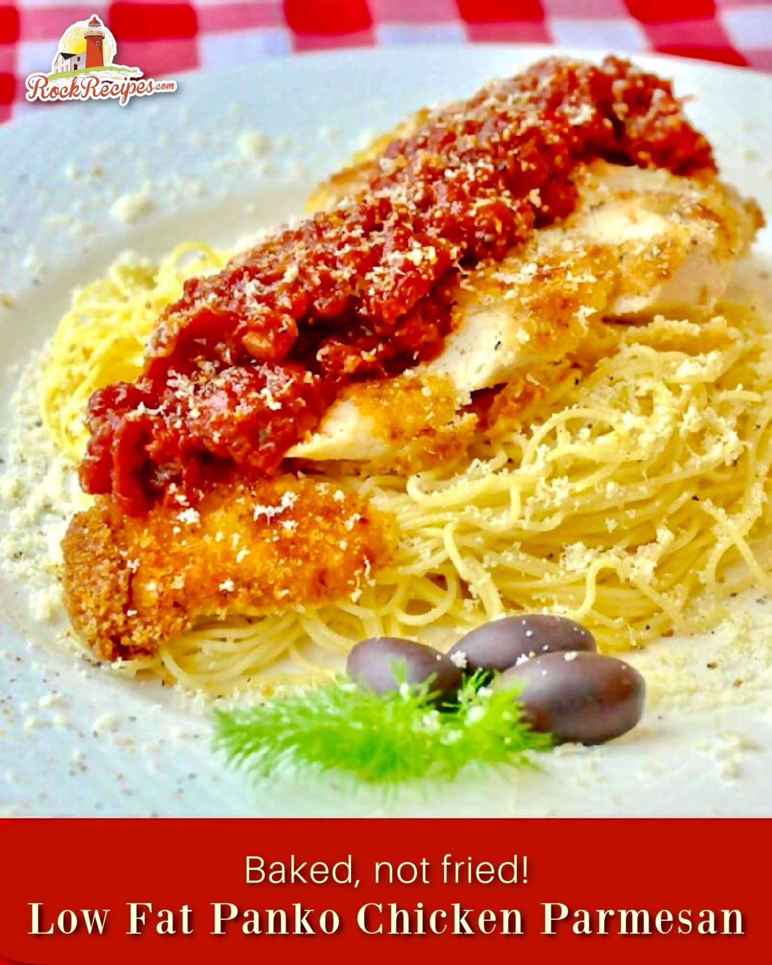 Low Fat Baked Panko Chicken Parmesan photo including title text for social media posts.