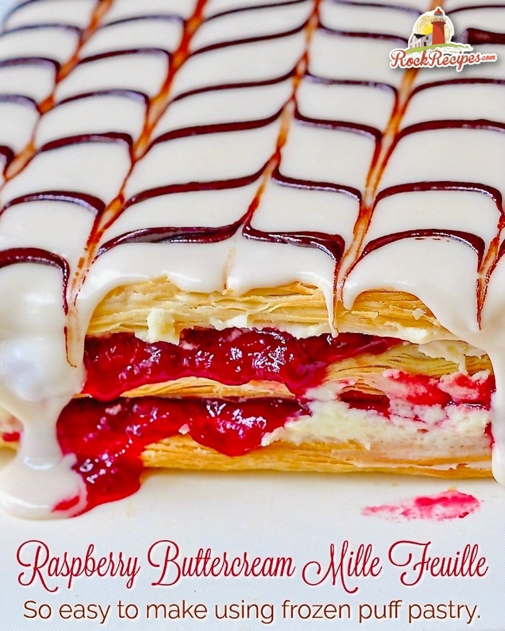 Raspberry Buttercream Mille Feuille photo of uncut pastries with title text added for social media posts.