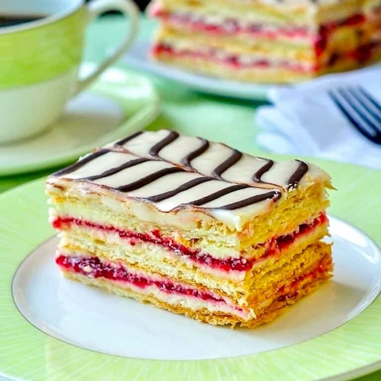 Raspberry Buttercream Mille Feuille close up square cropped featured image