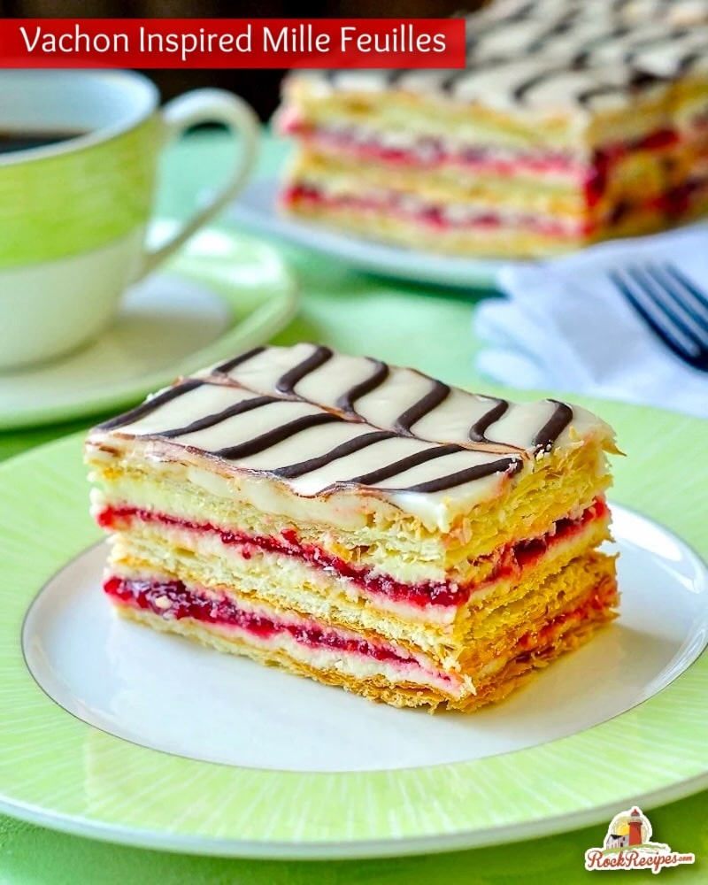 Raspberry Buttercream Mille Feuille with coffee in background and title text added for social media posts.