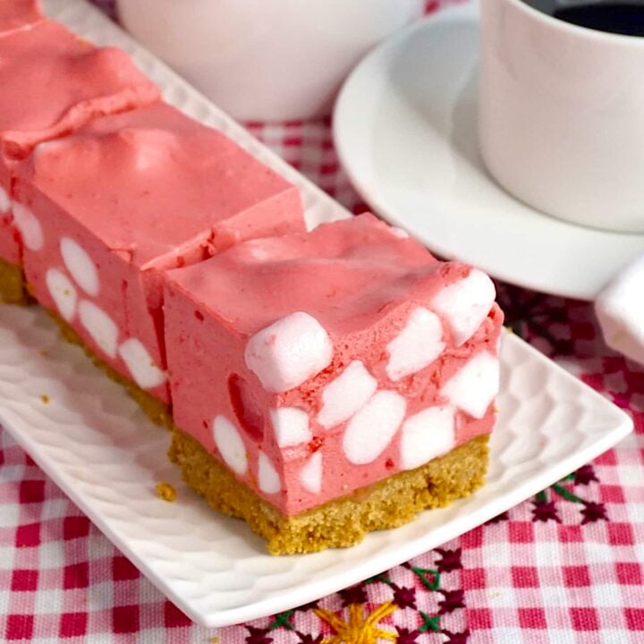 Raspberry Marshmallow Chiffon Squares close up square cropped photo for Google featured image.