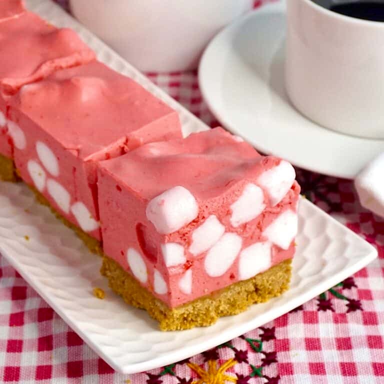 Raspberry Marshmallow Chiffon Squares close up square cropped photo for Google featured image.