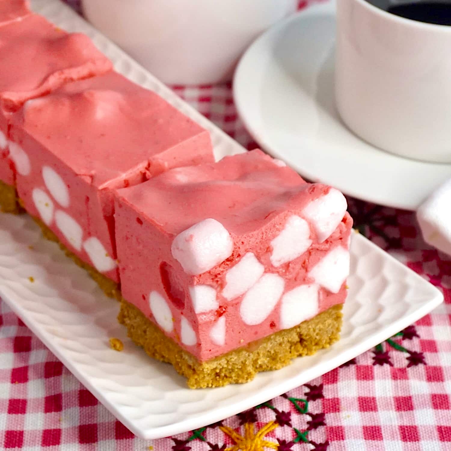 Raspberry Marshmallow Chiffon Squares close up square cropped photo for Google featured image.