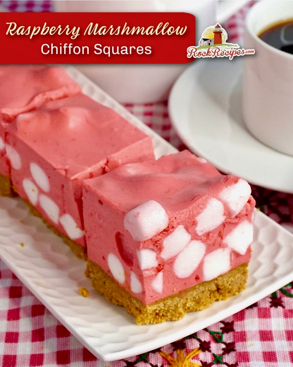 Raspberry Marshmallow Chiffon Squares photo with title text added fr social media posts.