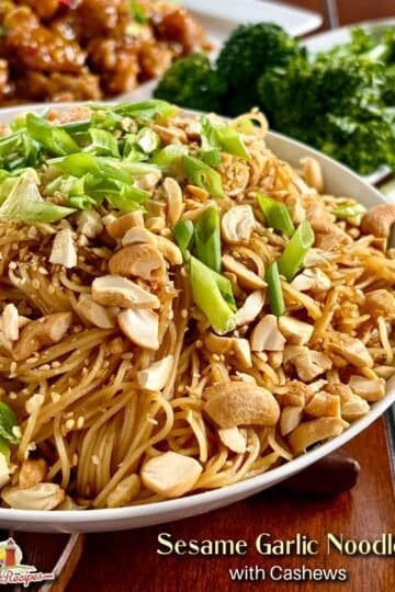 Sesame Garlic Noodles with Cashews photo with title text added for social media posts.