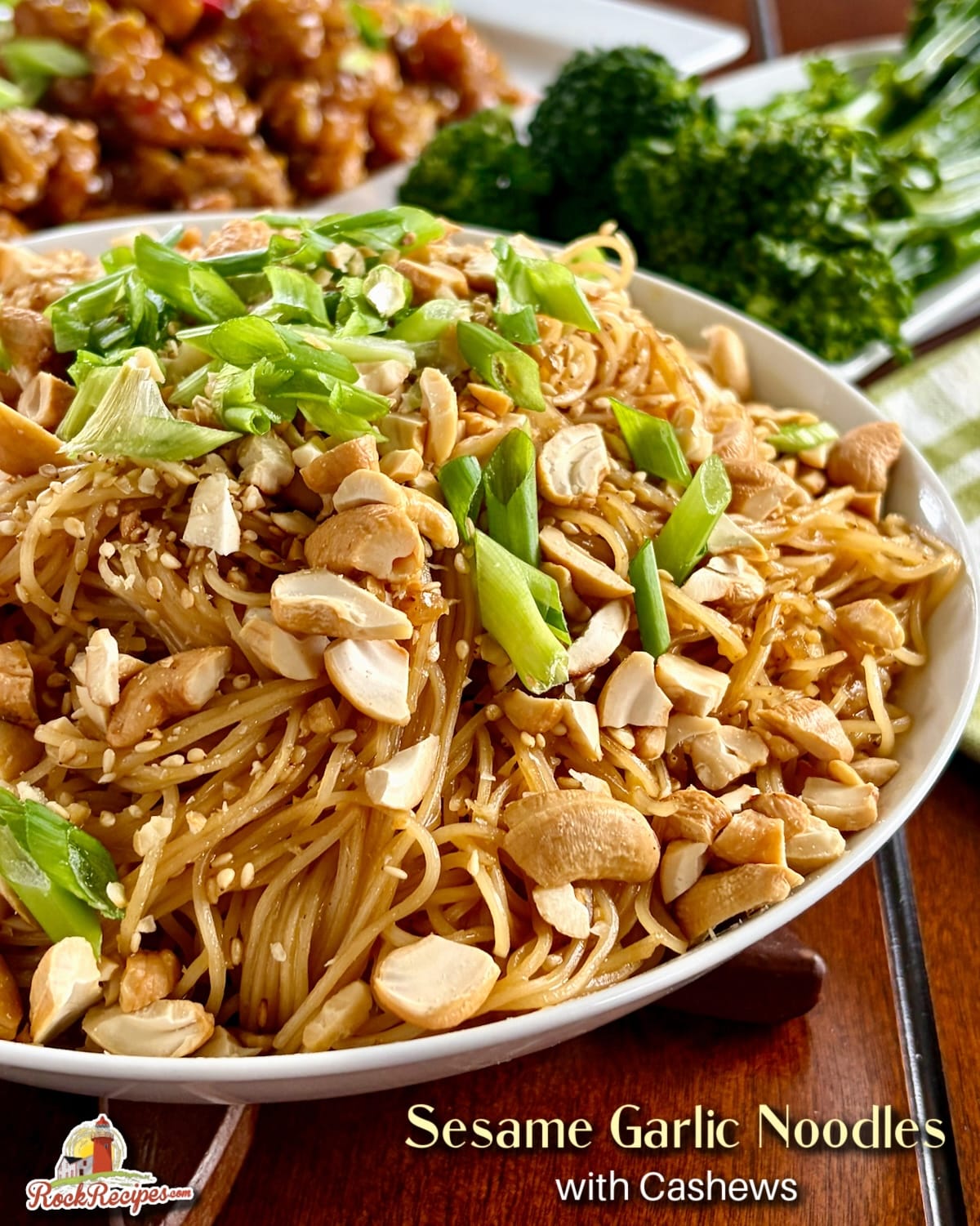 Sesame Garlic Noodles with Cashews photo with title text added for social media posts.