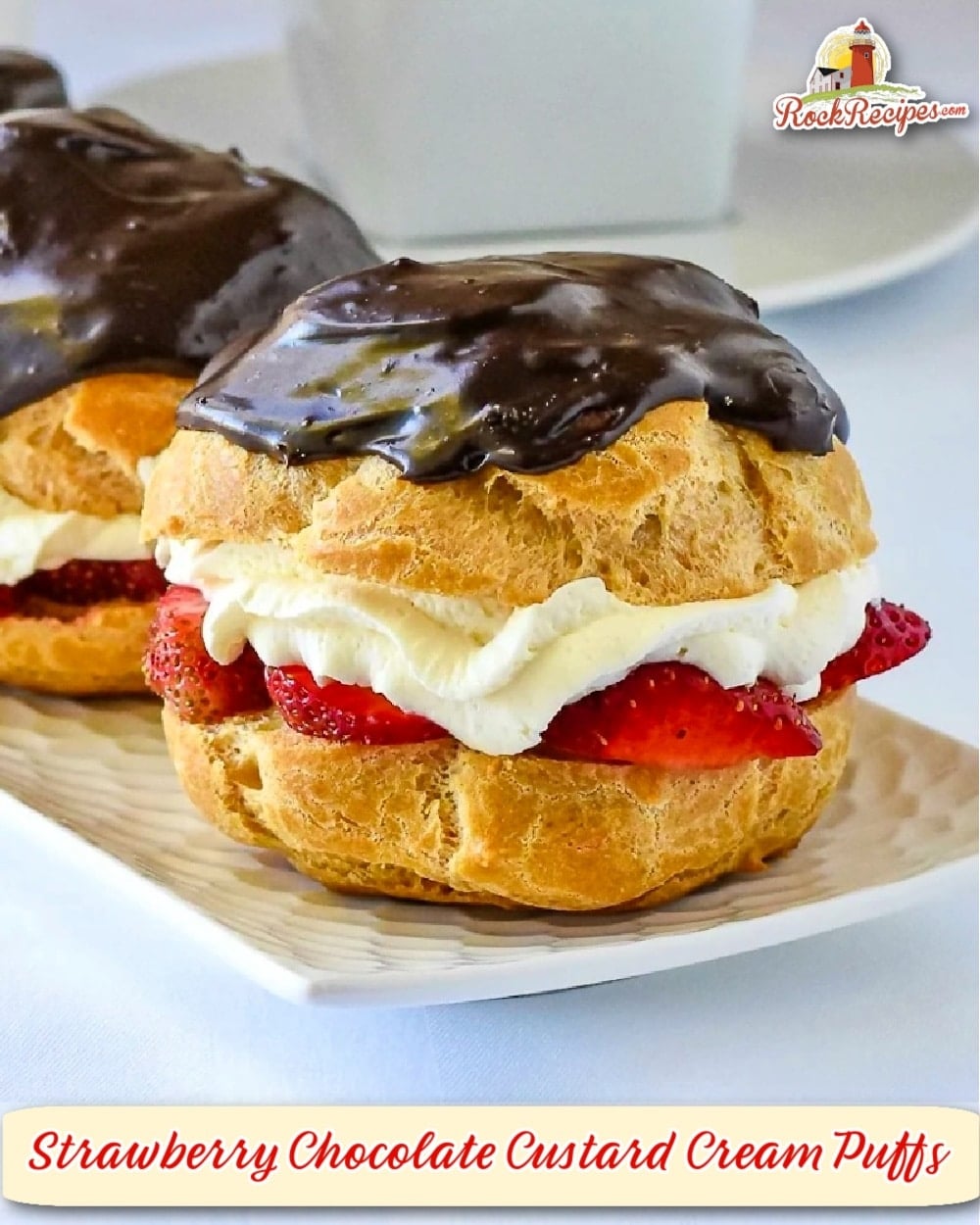 Strawberry Chocolate Custard Cream Puffs photo with title text added for social media posts.
