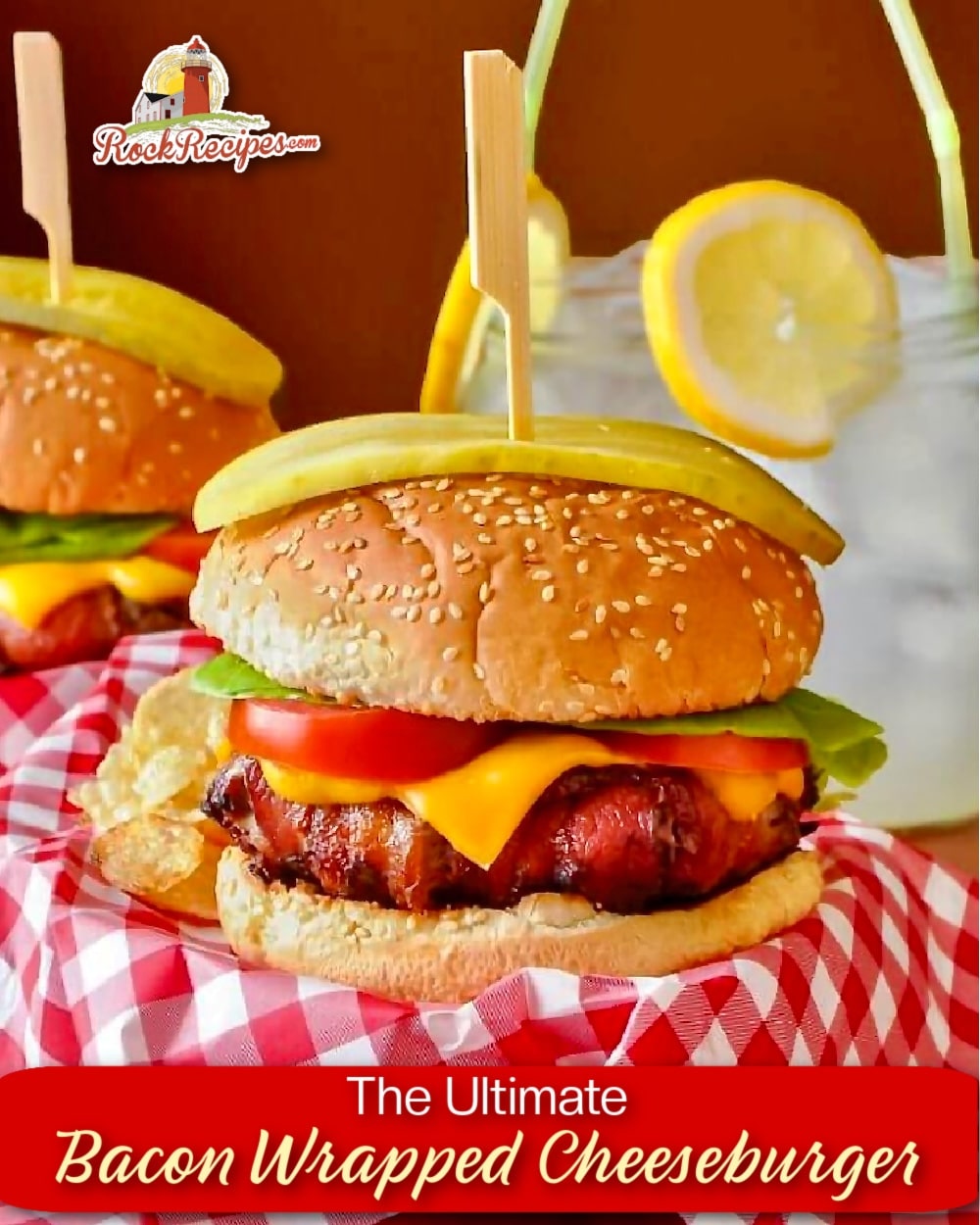 The Ultimate Bacon Wrapped Cheeseburger with title text added fo social media posts