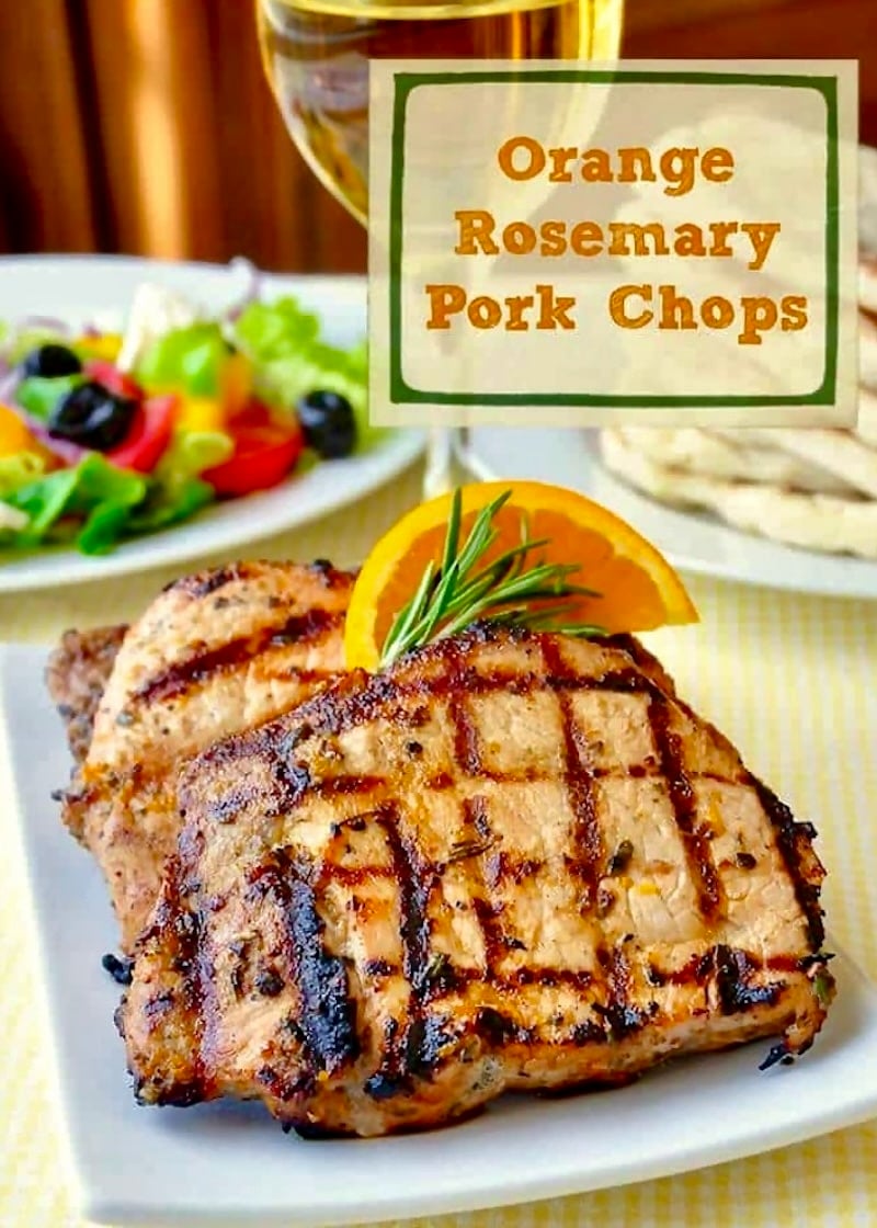 Orange Rosemary Pork Chops photo with title text added for Pinterest.