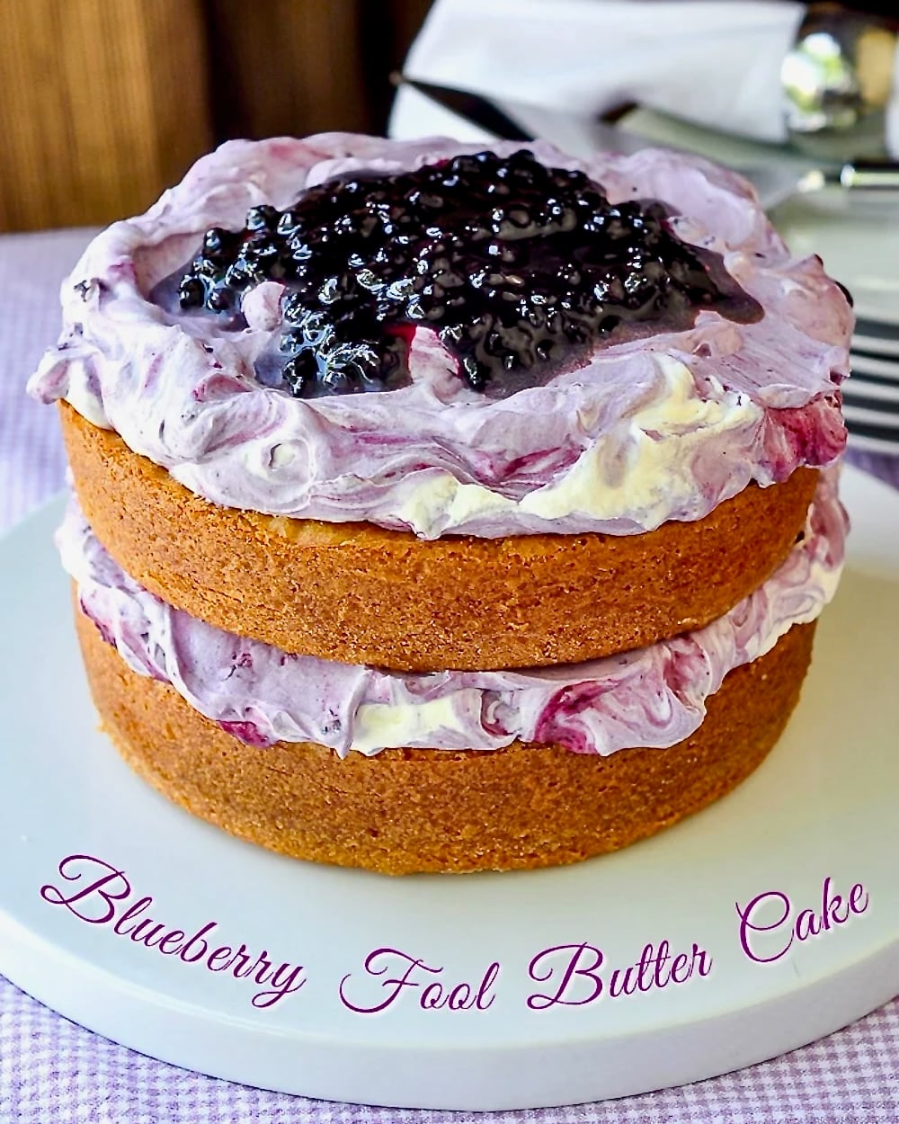 Blueberry Fool Butter Cake photo with title text added for social media posts.