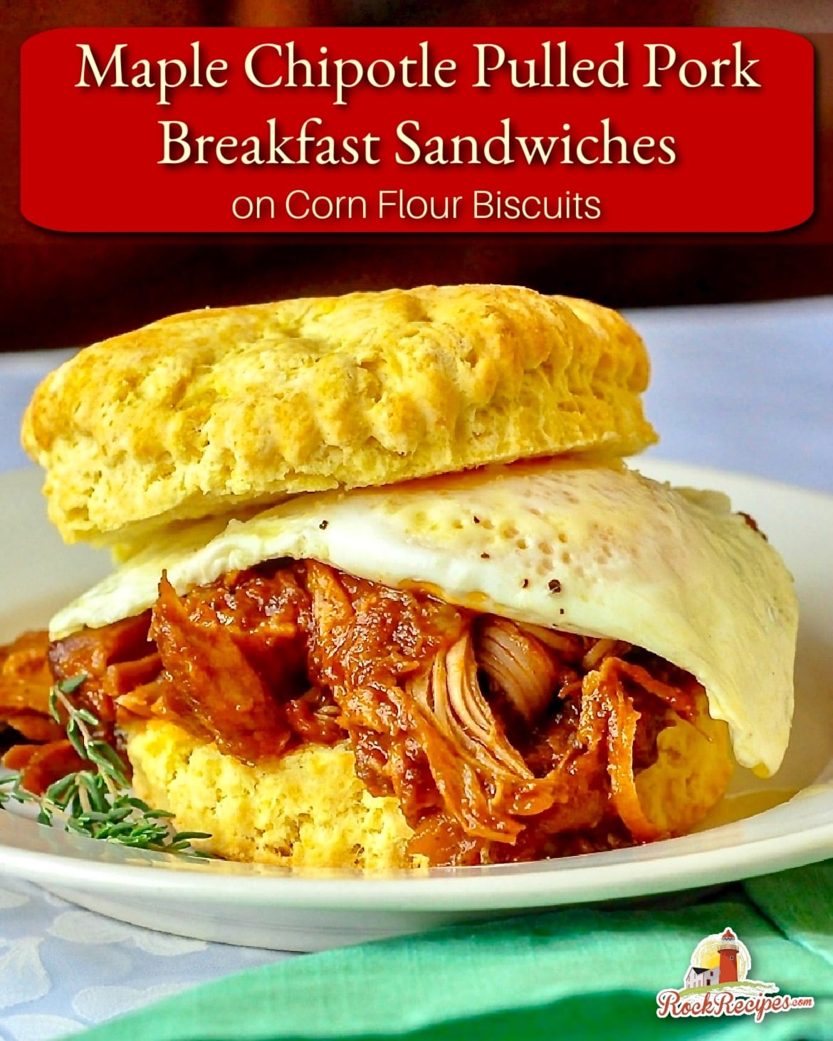 Corn Flour Biscuit Pulled Pork Breakfast Sandwiches with title text added for social media posts.
