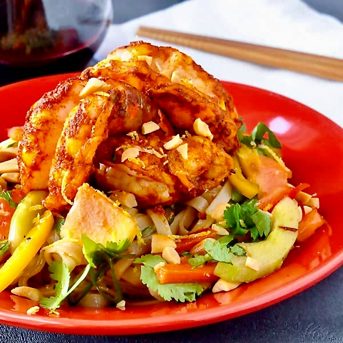 Tiger Shrimp and Glass Noodle Salad close up ophot for featured image.