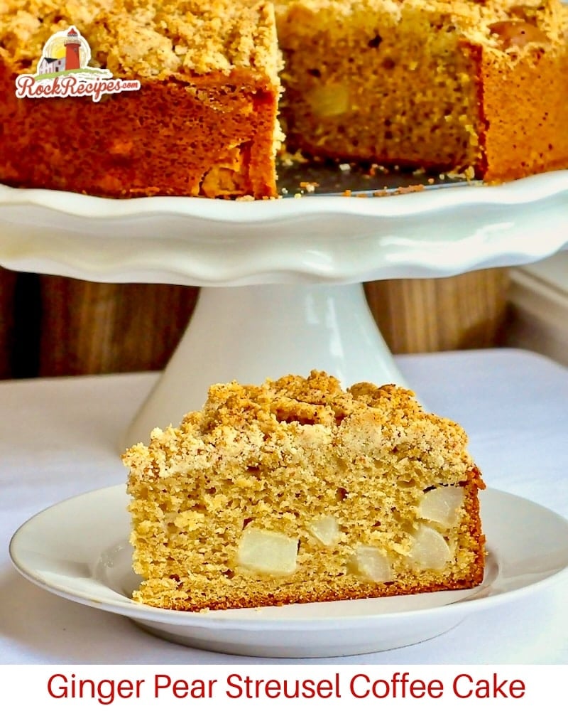 Ginger pear coffee cake photo with title text added for social media posts.