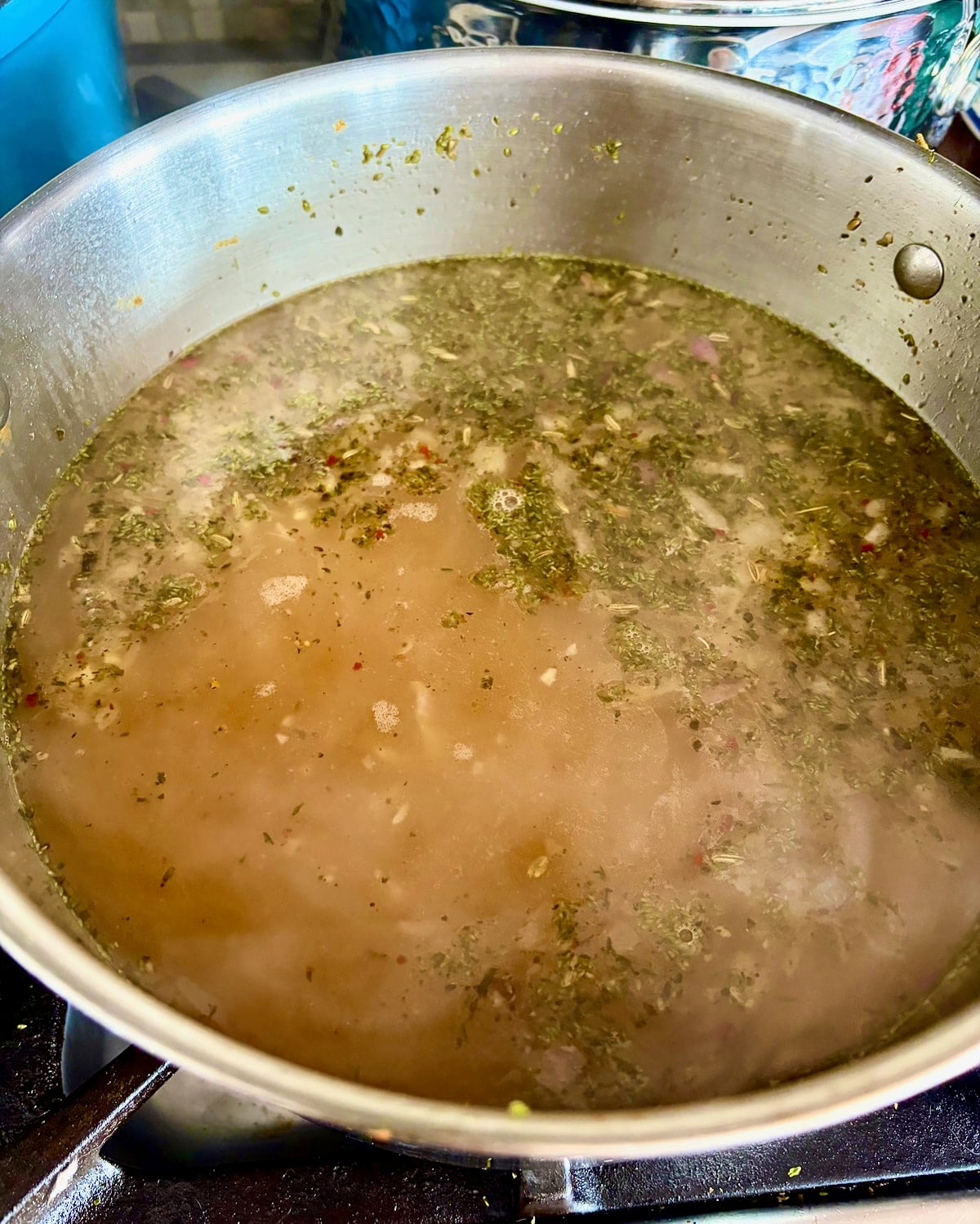 Photo of simmering stock for Italian wedding soup