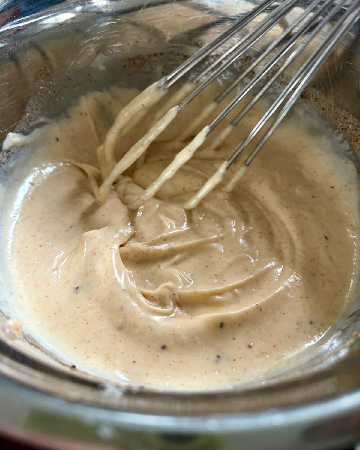 Photo of all ingredients for better than Miracle Whip salad dressing mixed together until smooth.
