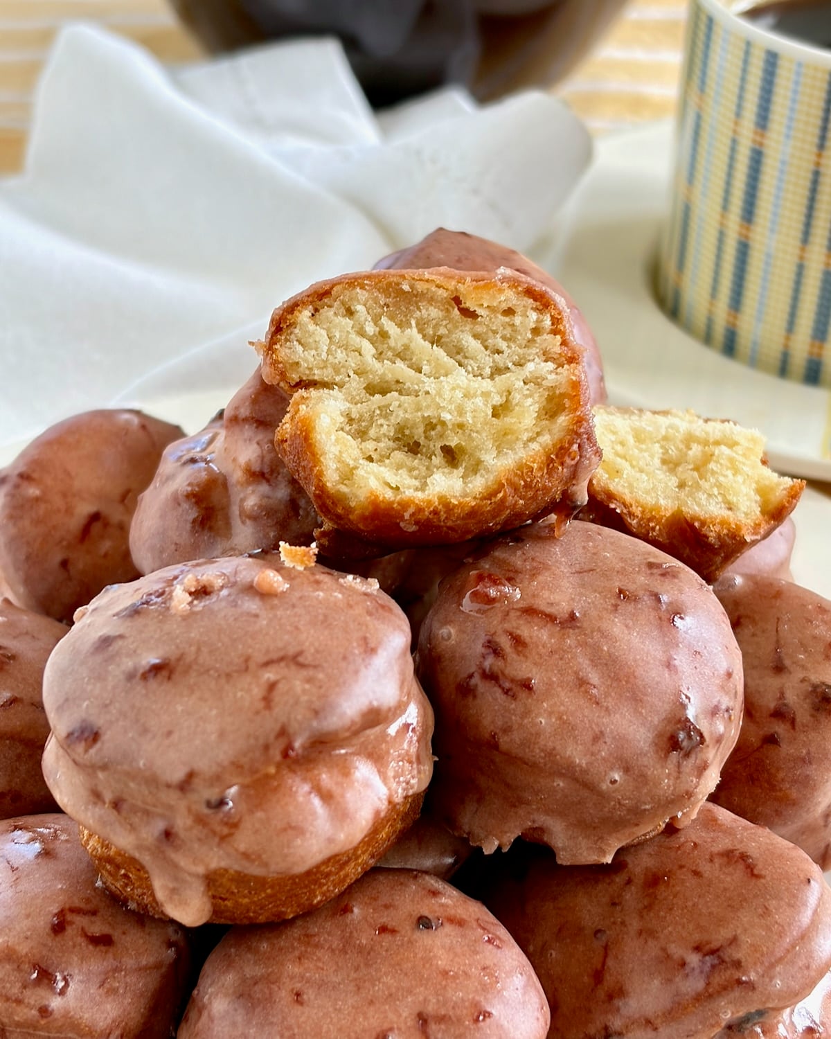 Photo of stacked donut holes with strawberry glaze