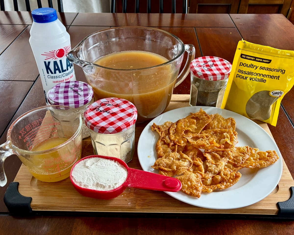 Photo of all the ingredients for chicken skin gravy.