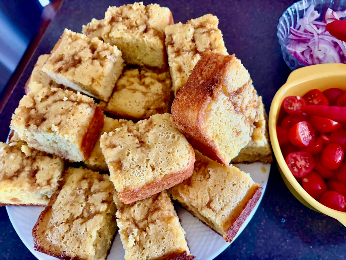 Photo of brown sugar cornbread that has been baked in a 9 x 13 pan