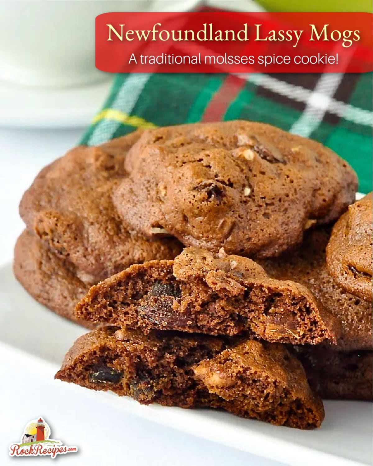 Newfoundland Lassy Mogs with Newfoundland tartan napkin in the background. cookies are stacked on a white plate. Title text has been added for social media posts.