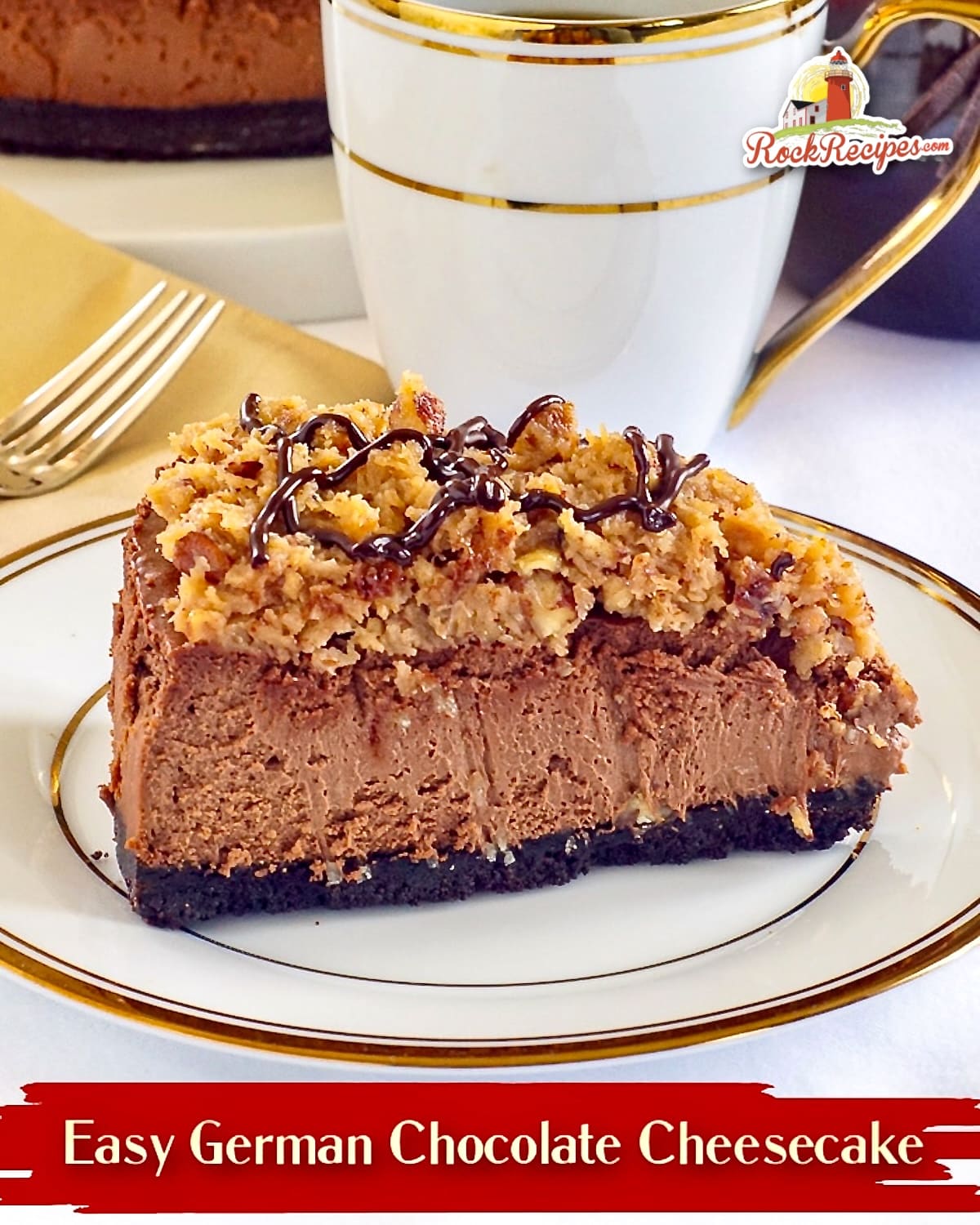 One slice of German Chocolate Cake with title text added for social media posts.