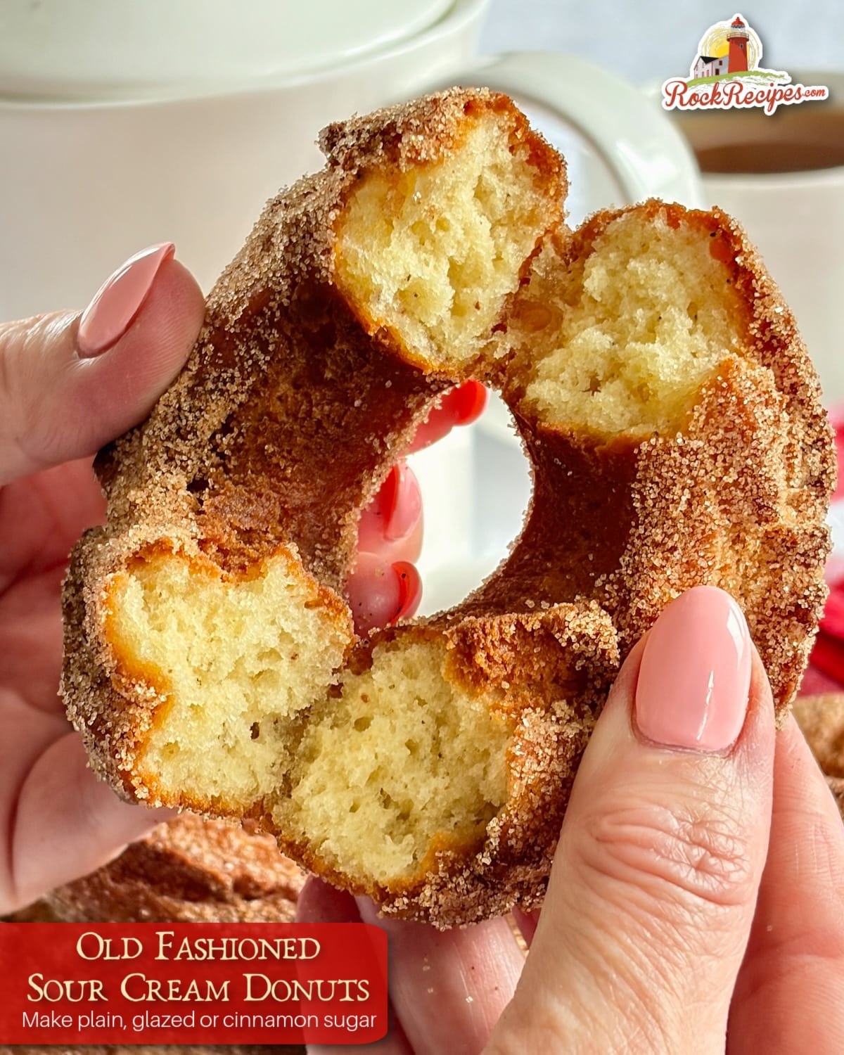 Photo of one cinnamon sugar sour cream donut being broken open with title text and rock recipes logo added for social media posts and Pinterest.