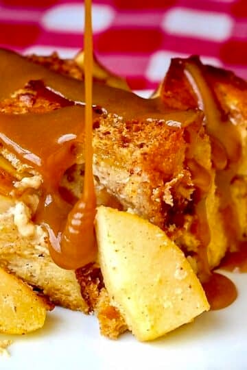 Spiced Pear Bread Pudding close up photo of a singe serving for google featured image.