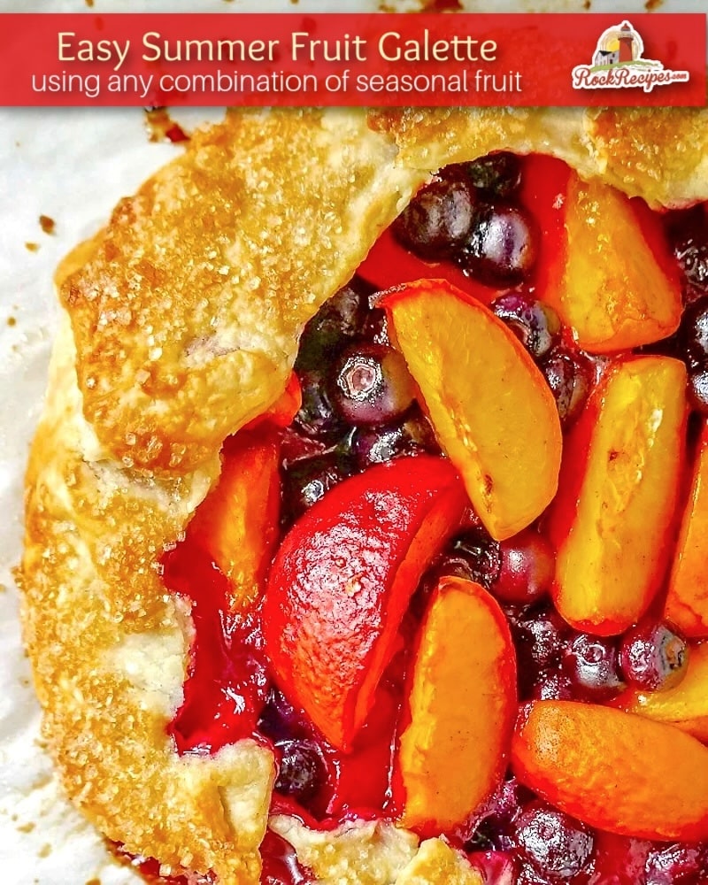 Blueberry Peach Summer Fruit Galette close up photo of filling and pastry with title
